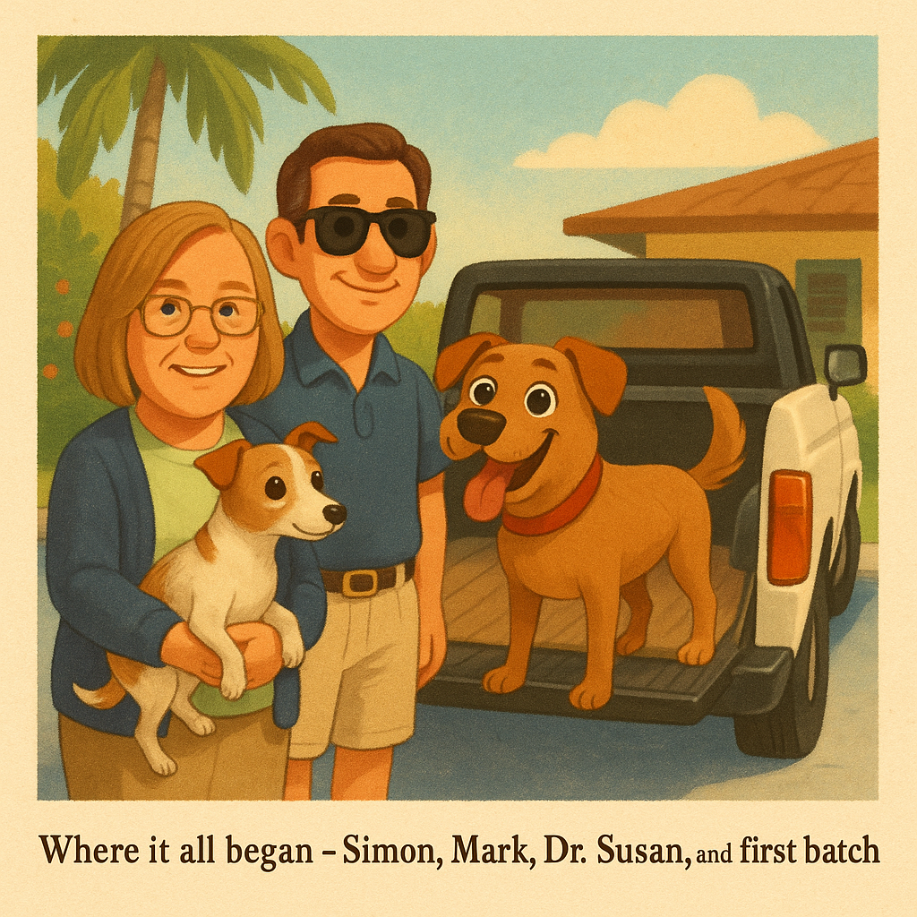 Illustrated portrait of Dr. Susan, Chef Mark, and Simon the golden retriever with their dogs in front of a pickup truck — representing the early days of Simon’s Dog Food.